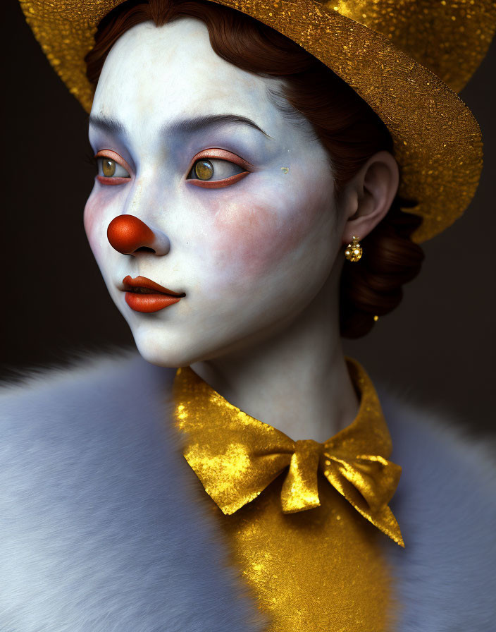 Stylized 3D portrait of female figure with clown makeup, blue eyes, gold accessories,