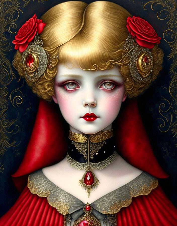 Blonde doll-like character with red roses, gold earrings, Victorian dress