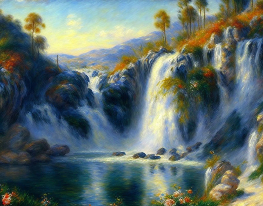 Tranquil waterfall painting with lush greenery & vibrant colors