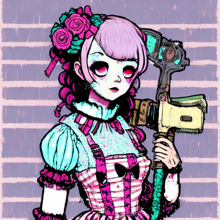 Stylized girl with pink hair and roses, in ruffle dress, holding steampunk weapon