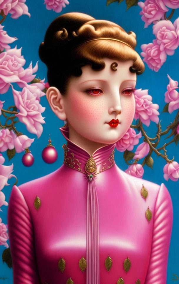 Surreal female figure with red eyes and stylized hair in pink garment on blue background