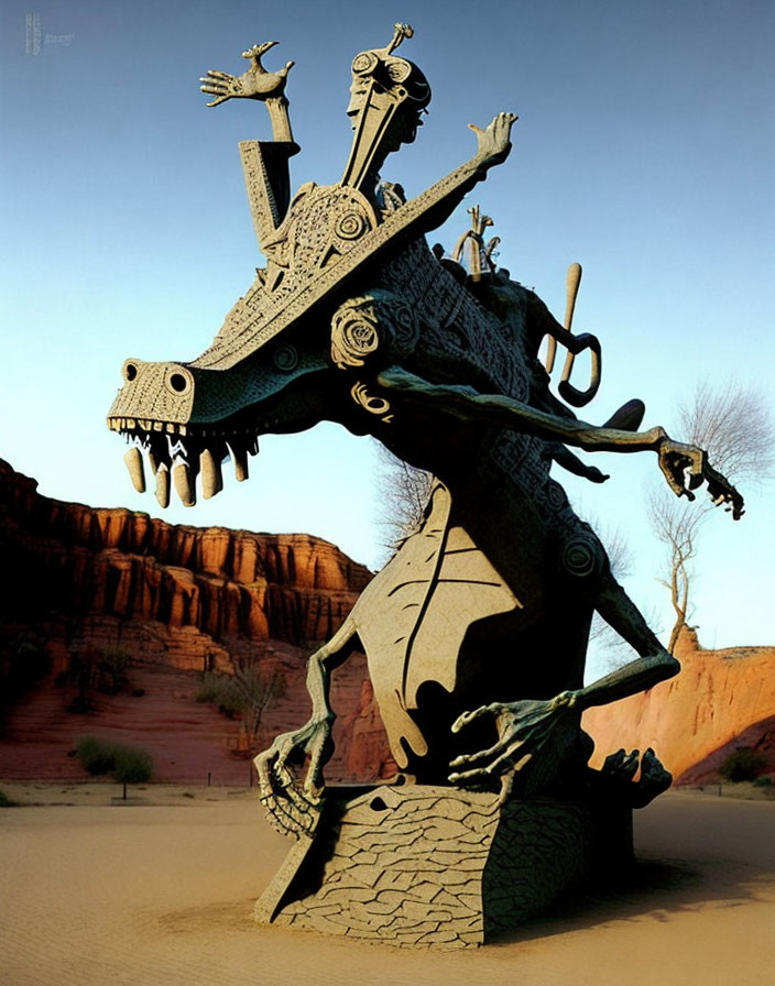 Intertwined animal forms sculpture with crocodile head in desert landscape