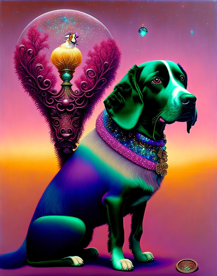 Colorful Jeweled Black Dog with Bird in Cosmic Setting