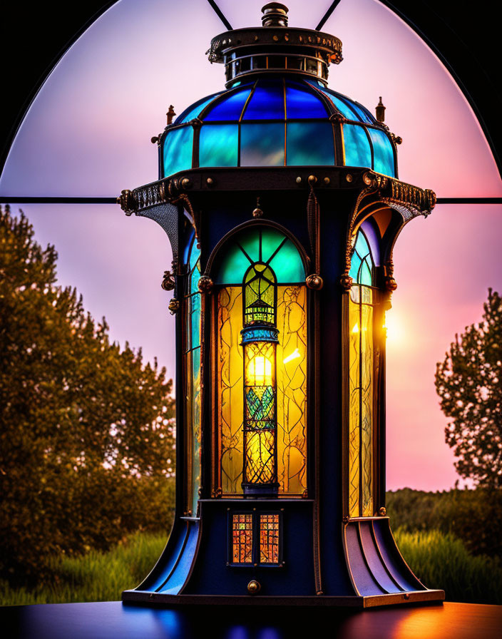 Stained Glass Lantern Illuminated Against Twilight Sky