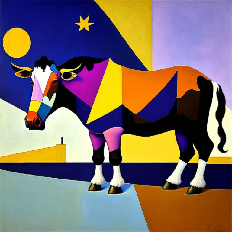 Abstract cow painting with geometric shapes and celestial background