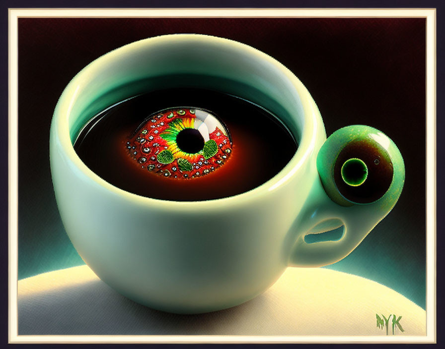 Surreal white coffee cup with red eye and green olive reflection