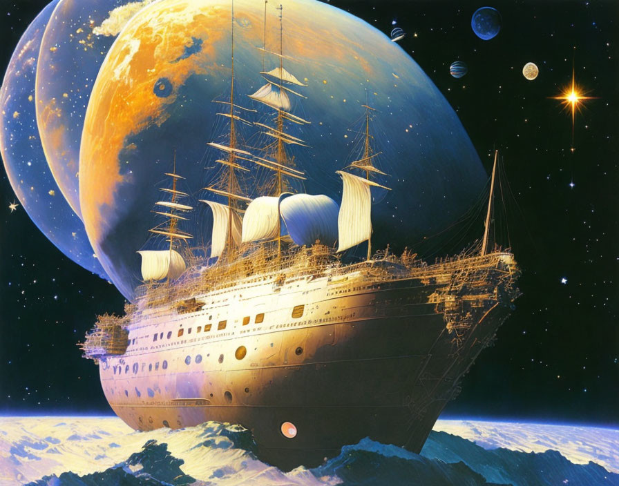 Surreal artwork: sailing ship in space with planet, moons, stars