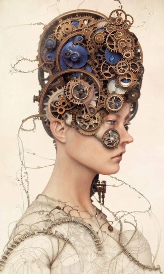 Portrait of a person with intricate mechanical steampunk features