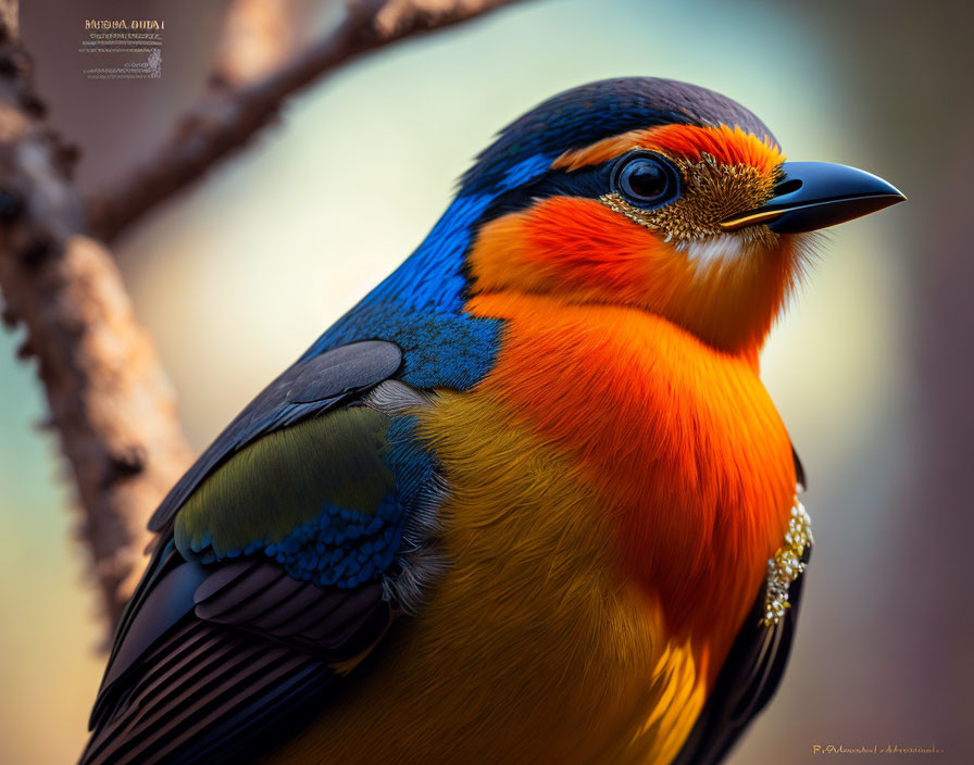 Vibrant orange, blue, and yellow bird perched on branch