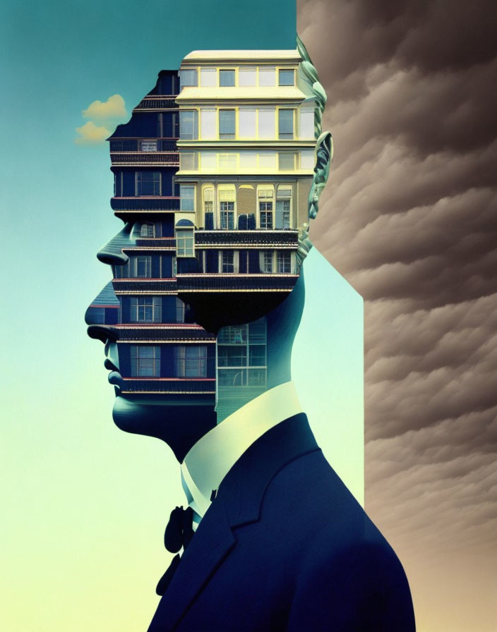 Surreal silhouette with building head against dual-toned sky