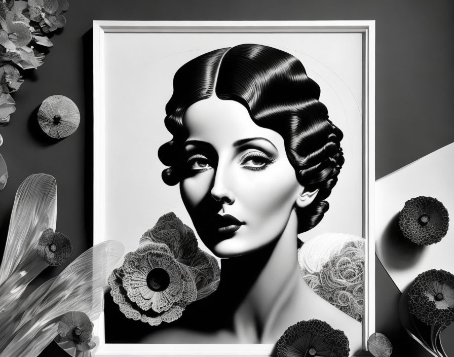 Vintage hairstyle woman portrait with floral decor on grayscale background