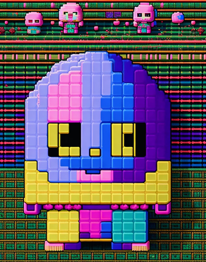 Multicolored pixelated ghost with blue eyes on vibrant patterned background