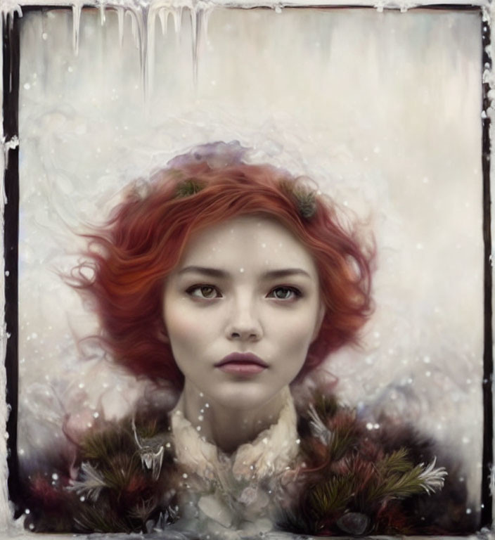 Red-haired woman portrait framed by icicles in surreal snowy setting.