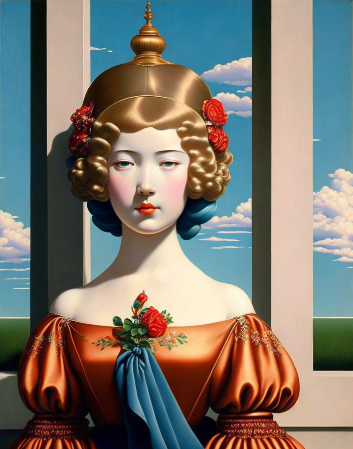 Surrealist painting: Woman with bob haircut and floral dress against sky backdrop