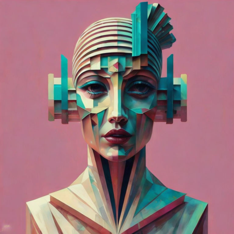 Geometric surreal portrait of a woman on pink background