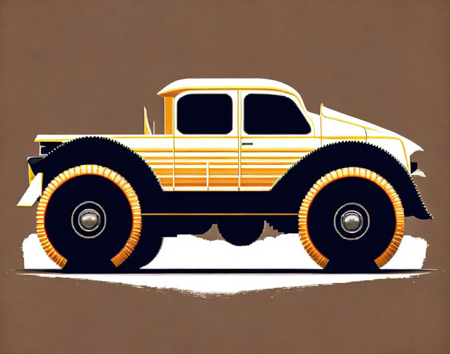 Vintage Car Illustration with Oversized Tires in White and Yellow on Brown Background