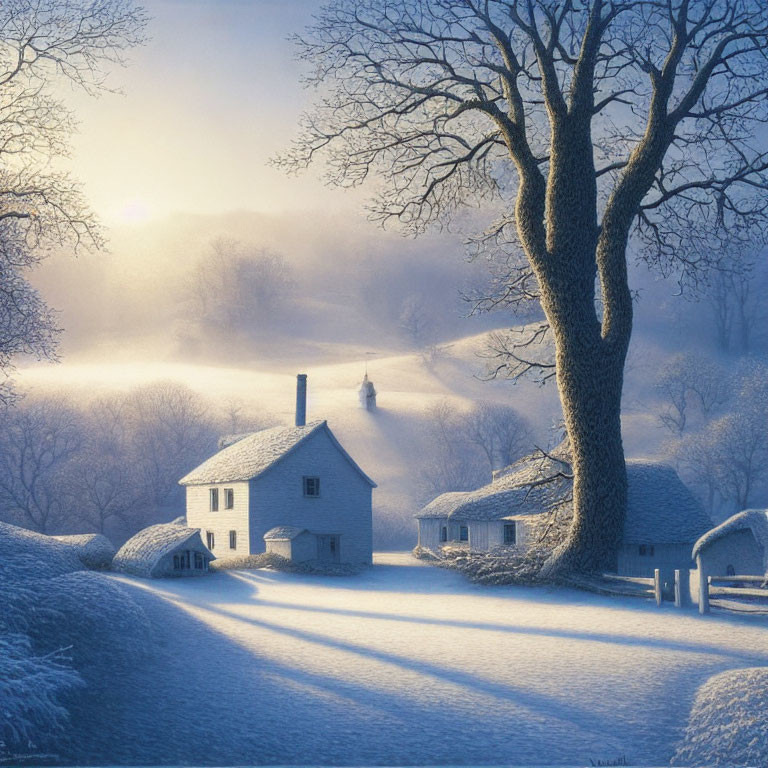 Snowy Landscape at Dawn with White Cottage and Bare Trees