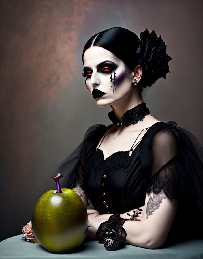 Woman in gothic makeup, black dress, choker with green apple and skull ring.