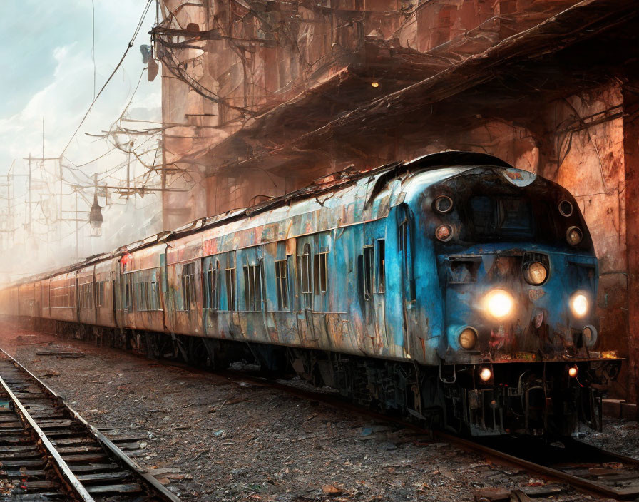 Blue train with headlights in industrial setting on tracks