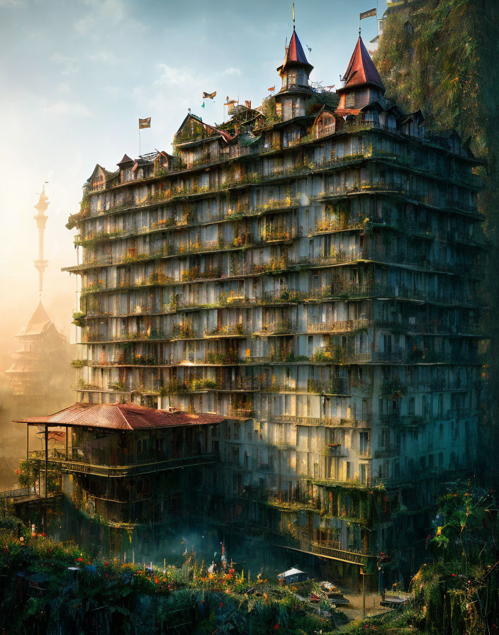 Multi-story building with turrets in golden light amidst lush greenery and foggy ambiance