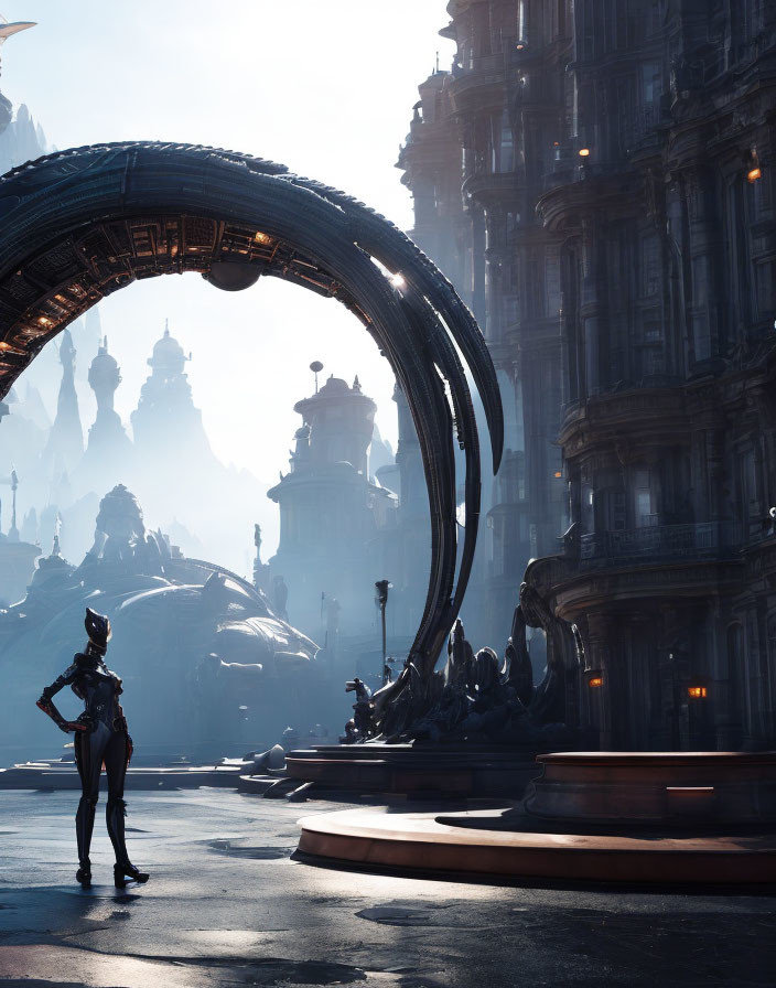 Futuristic figure in suit gazes at ornate archway and cityscape