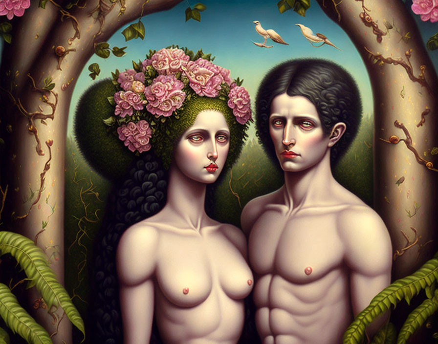 Surreal portrait of two individuals with pale faces and floral crown in green arboreal setting