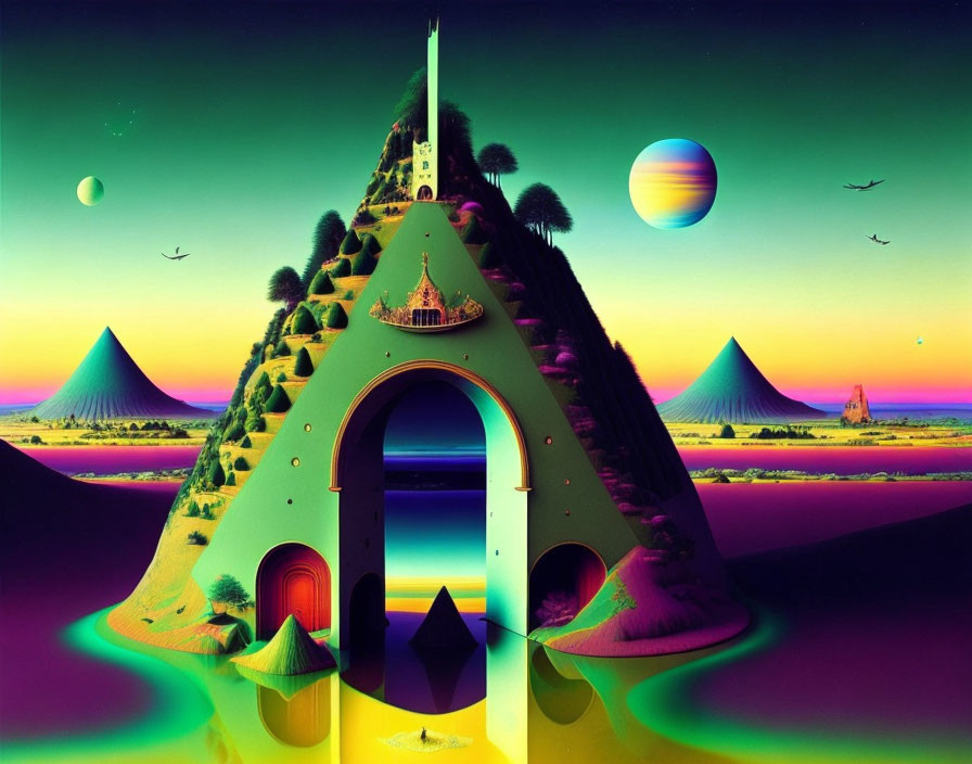 Colorful Psychedelic Landscape with Green Hill and Geometric Structure