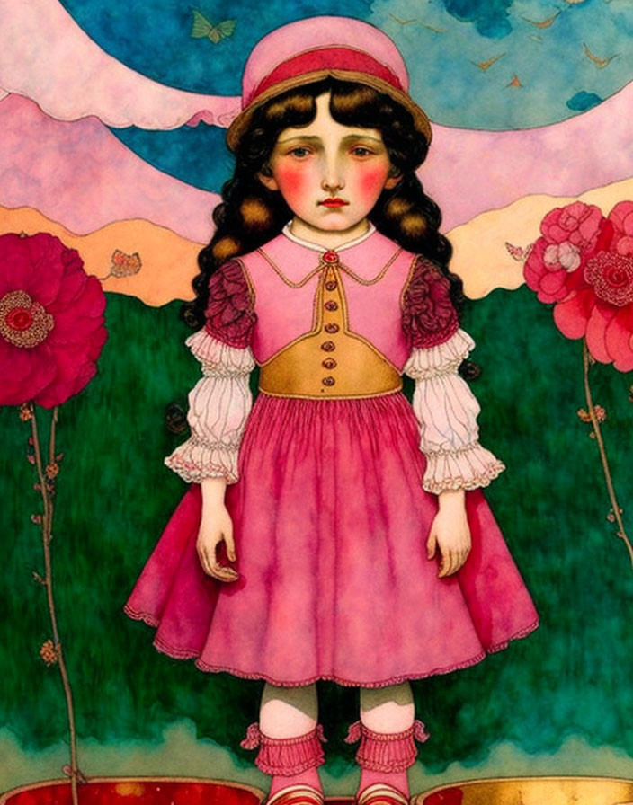 Somber young girl in pink vintage attire against floral celestial background