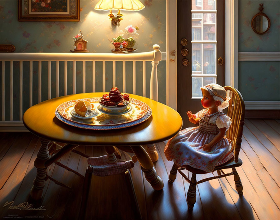 Vintage doll enjoying tea and dessert in sunlit room with city view.