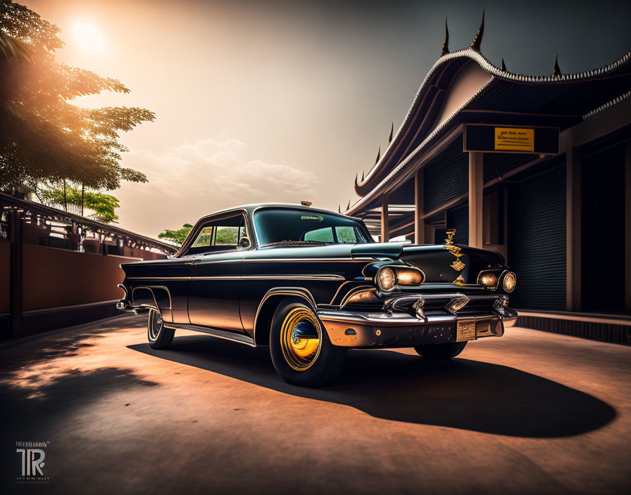 Vintage Black Car with Golden Rims Parked Outside Asian-Style Building at Sunset