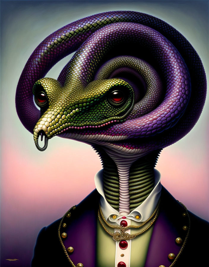 Surrealist snake portrait in Victorian attire on pastel background