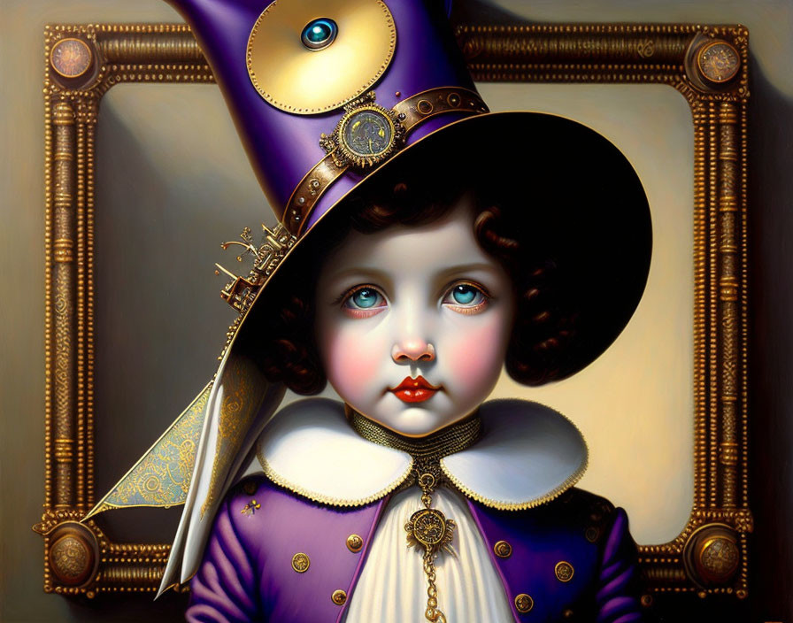 Portrait of Child with Expressive Eyes and Fancy Purple Hat in Framed Setting