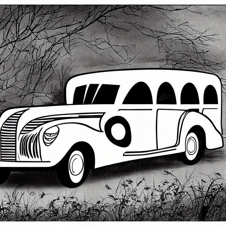 Vintage black and white car illustration under leafless trees in high-contrast chiaroscuro.