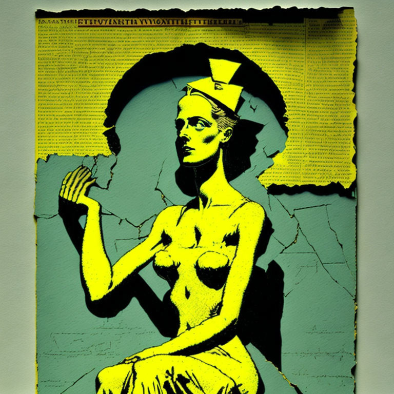 Stylized graphic of topless female figure in classical pose on yellow background.