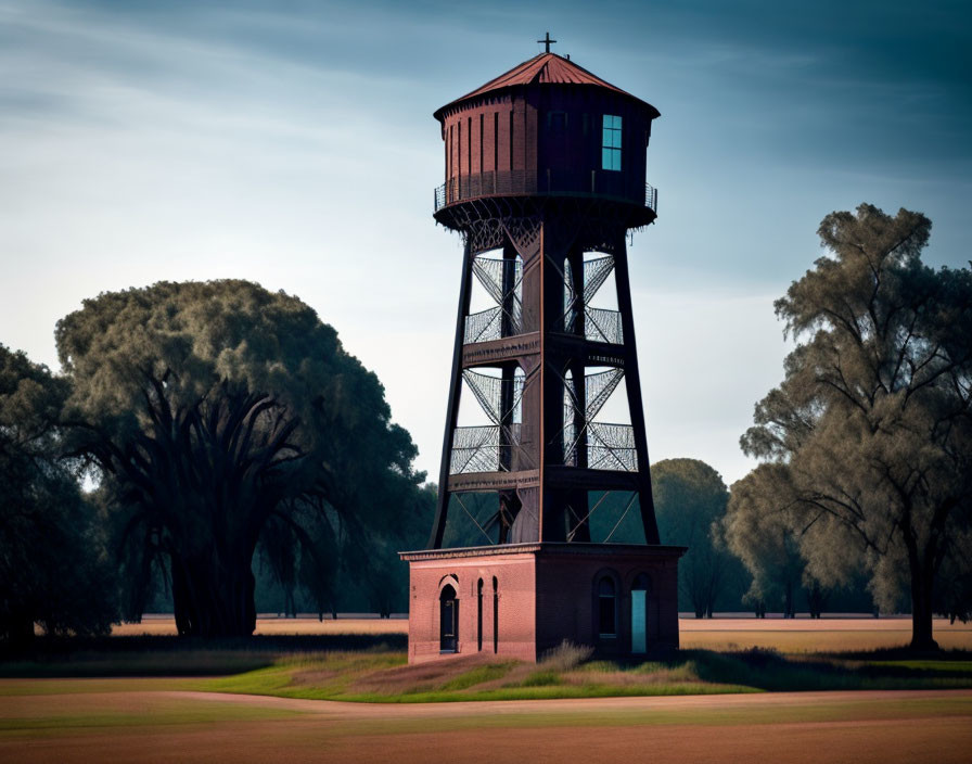 Vintage water tower with red-brick base and iron lattice structure among trees under hazy sky