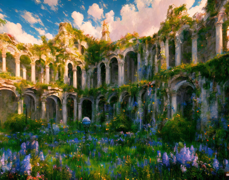 Overgrown ruin with arches and columns in warm light, surrounded by lush foliage and blooming flowers