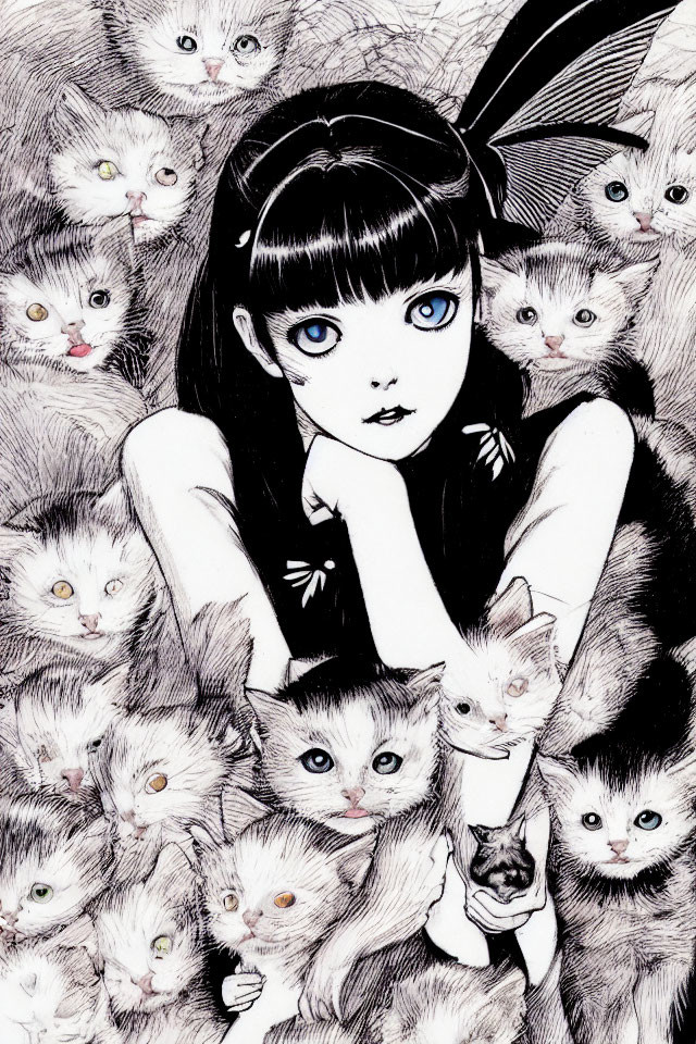 Monochrome illustration of a girl with blue eyes and headband among whimsical cats