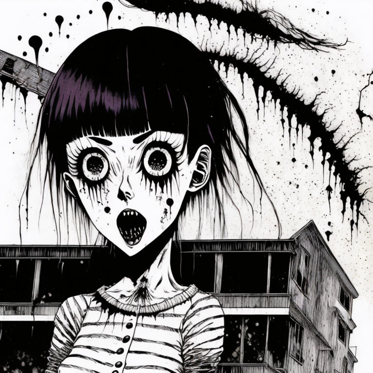 Wide-eyed girl with bob haircut in shocked expression, black ink splatters, horror theme.