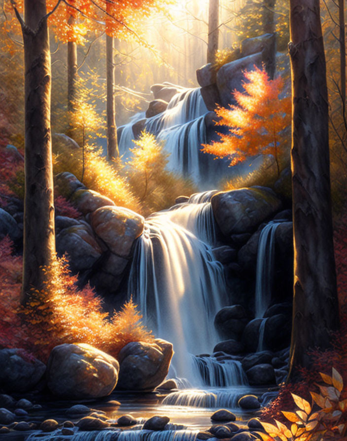 Tranquil forest scene: autumn waterfall among vibrant trees