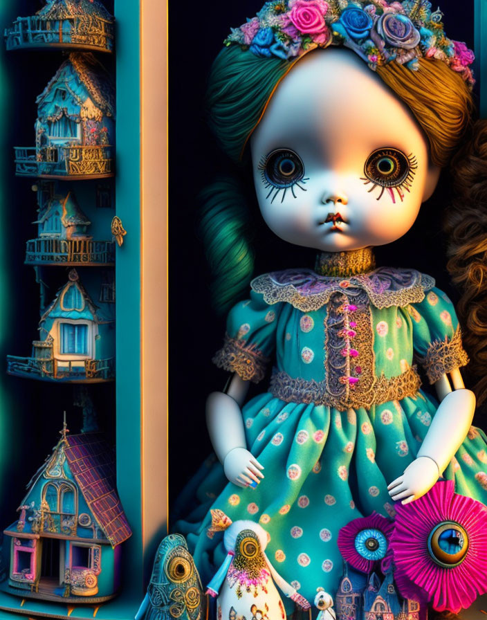 Teal-Haired Doll in Floral Dress with Miniature Houses on Dark Background