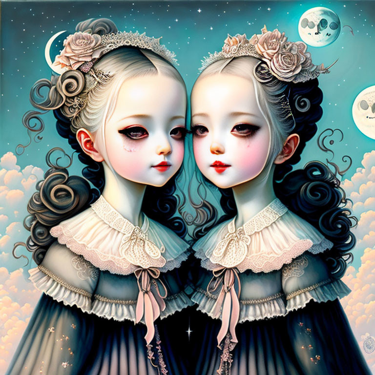 Twin girls in lace dresses under night sky with moons & stars