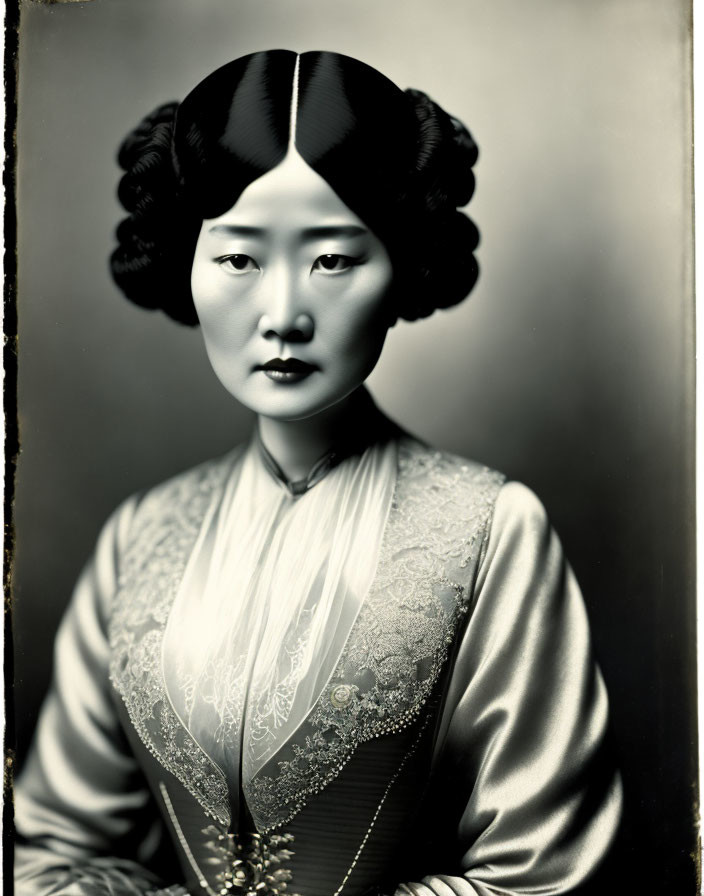 Traditional East Asian Woman Portrait in Patterned Dress