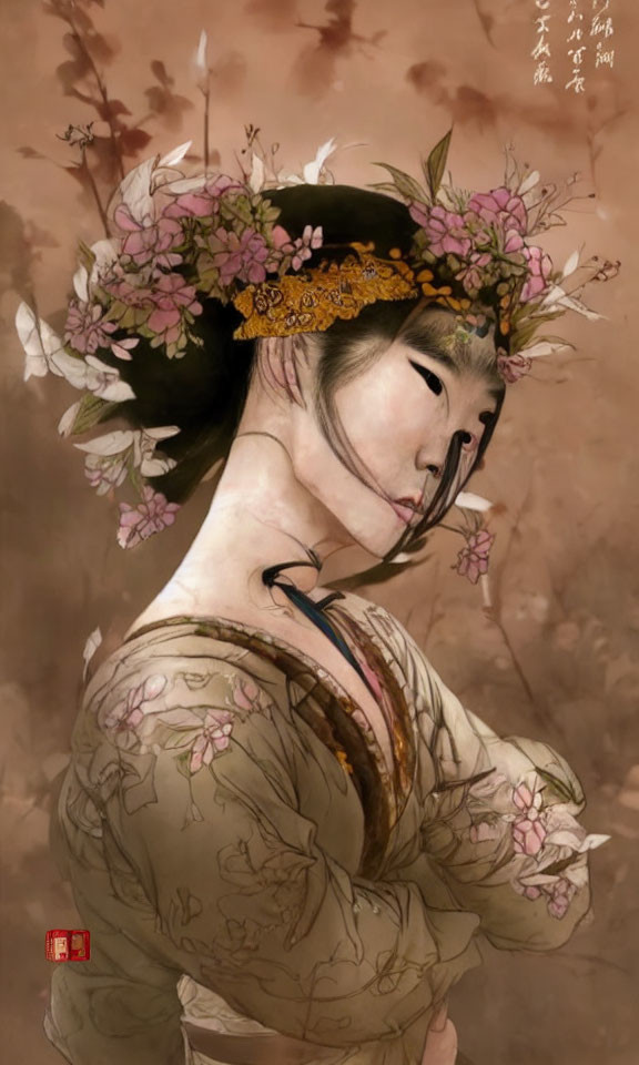 Illustrated Asian Woman in Floral Headdress and Traditional Attire on Sepia Background