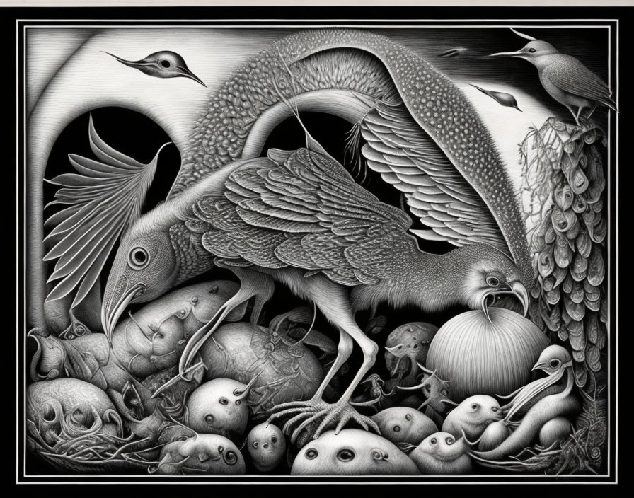 Monochromatic surreal artwork with creatures and organic forms