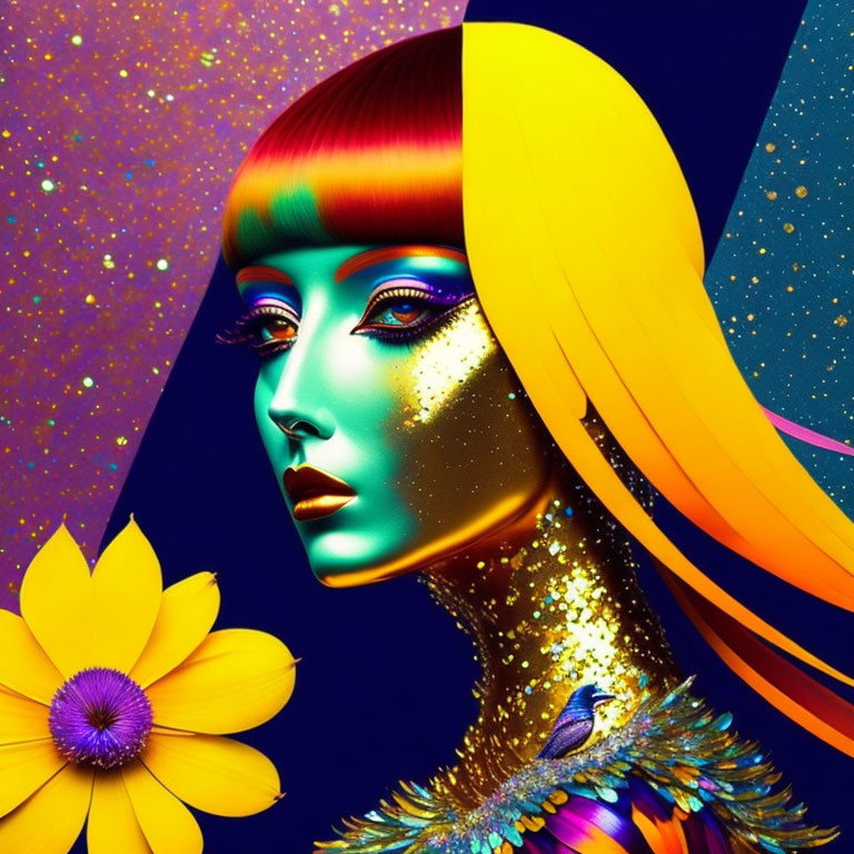 Colorful digital artwork of woman with metallic gold skin and multicolor hair in cosmic setting