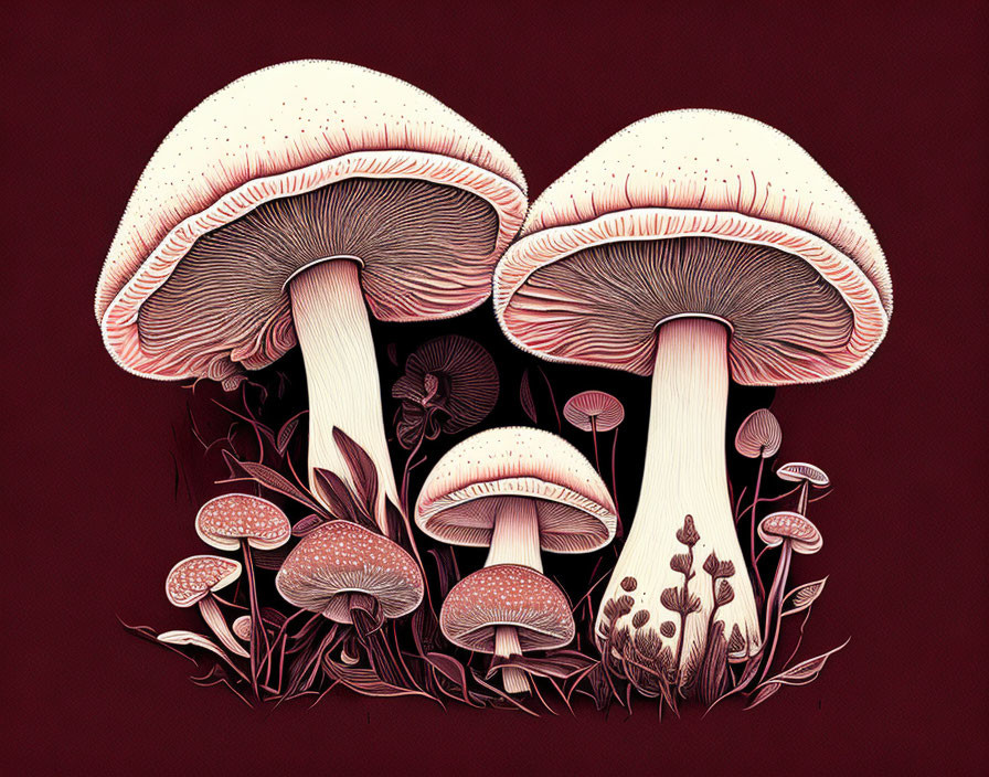 Group of stylized mushrooms on maroon background with intricate details