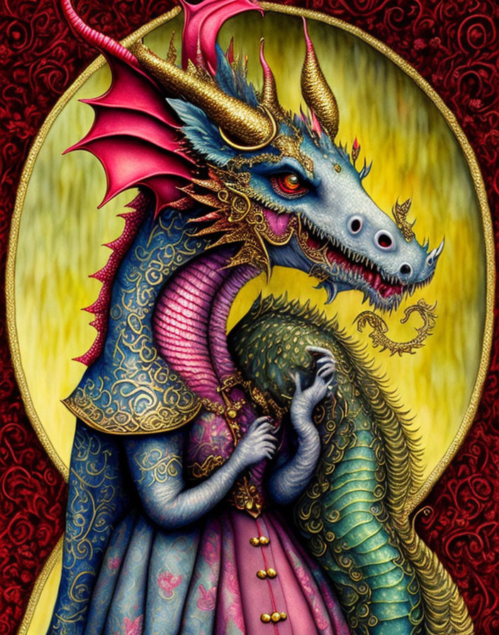 Blue dragon with golden horns and pink wings in noble medieval attire