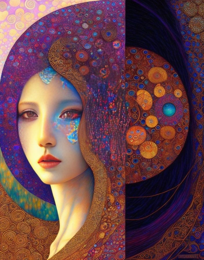 Vibrant celestial-themed woman portrait with blue and purple patterns