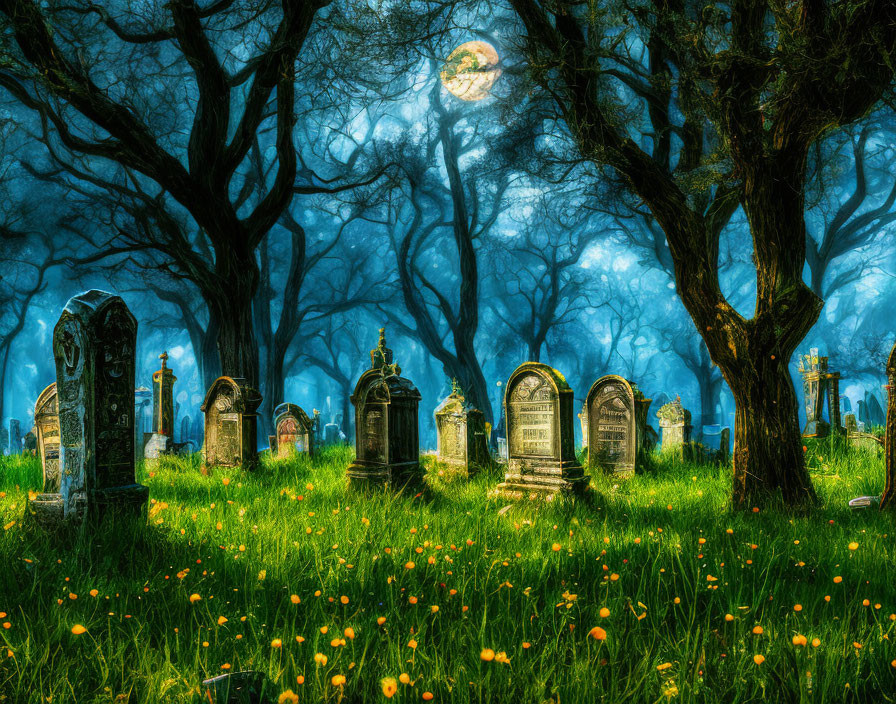 Ethereal cemetery scene with moonlit gravestones and blooming yellow flowers