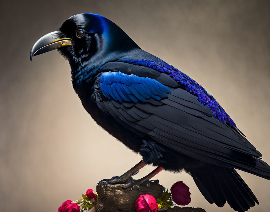 Colorful iridescent bird perched on branch with pink flowers